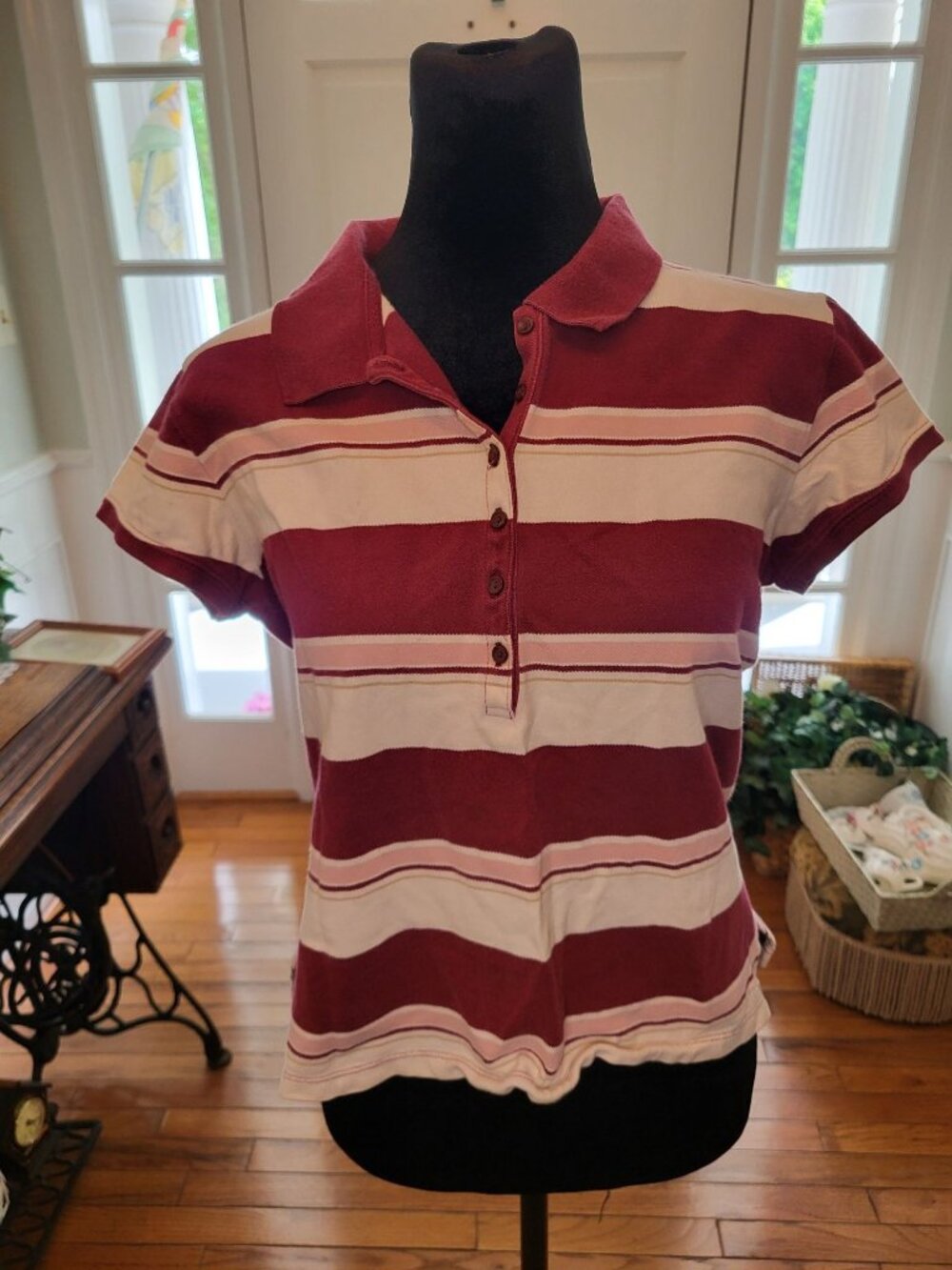 Vintage Y2K Aeropastale Burgundy Pink Stripe Polo XL Fitted Preppy Tennis 00s